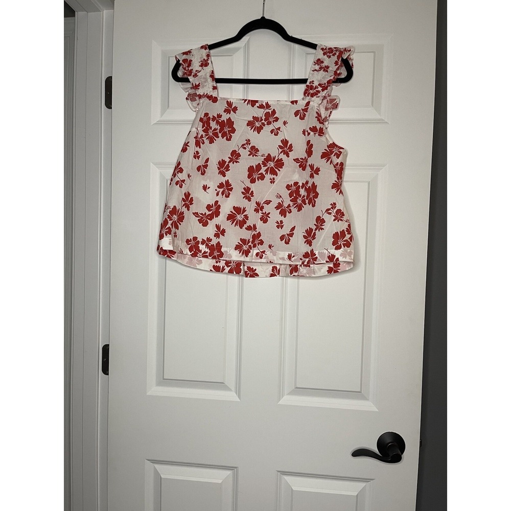J Crew Sleeveless Square Neck Ruffle Tank Top Large White With Red Floral
